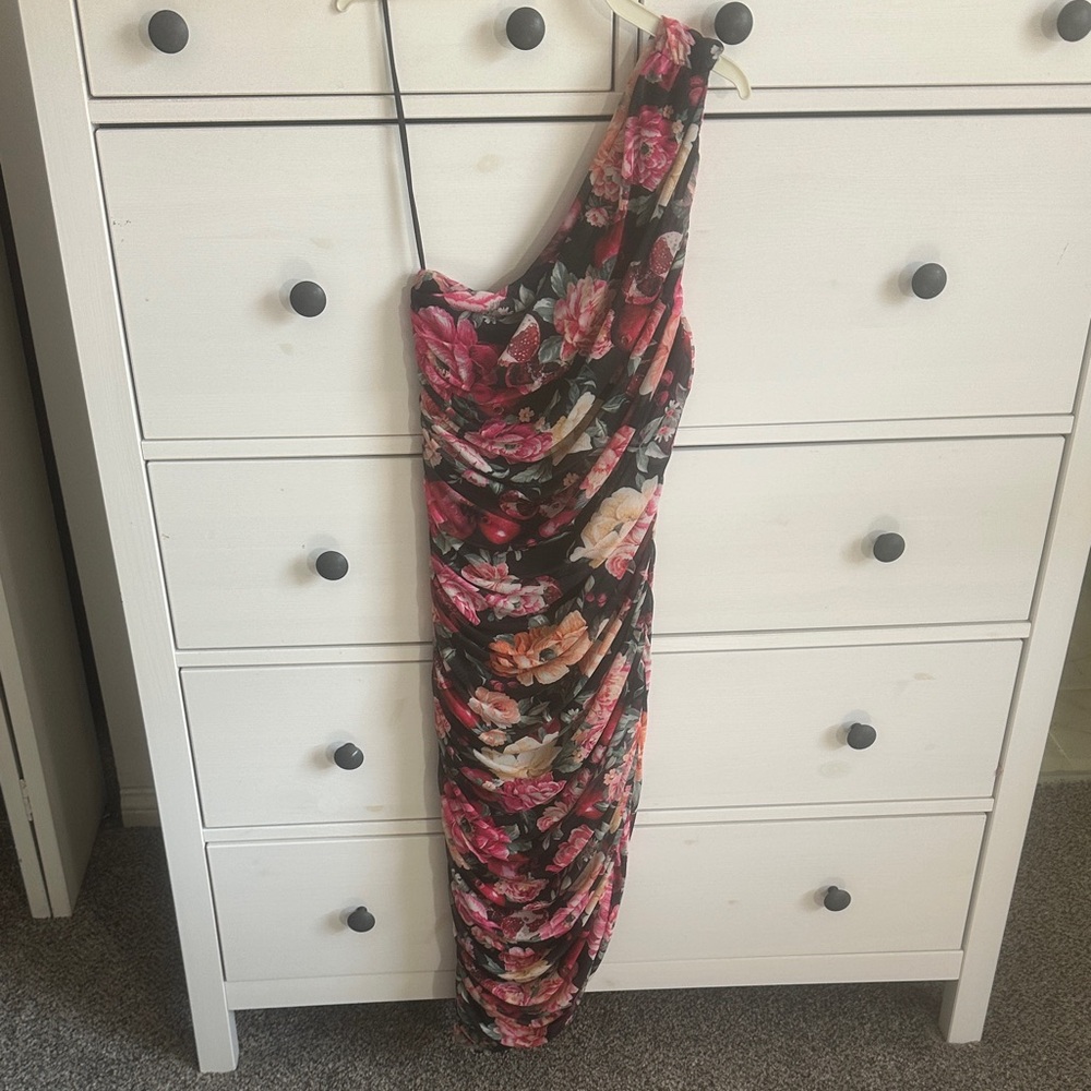 Express Black and Pink Floral One-Shoulder Dress